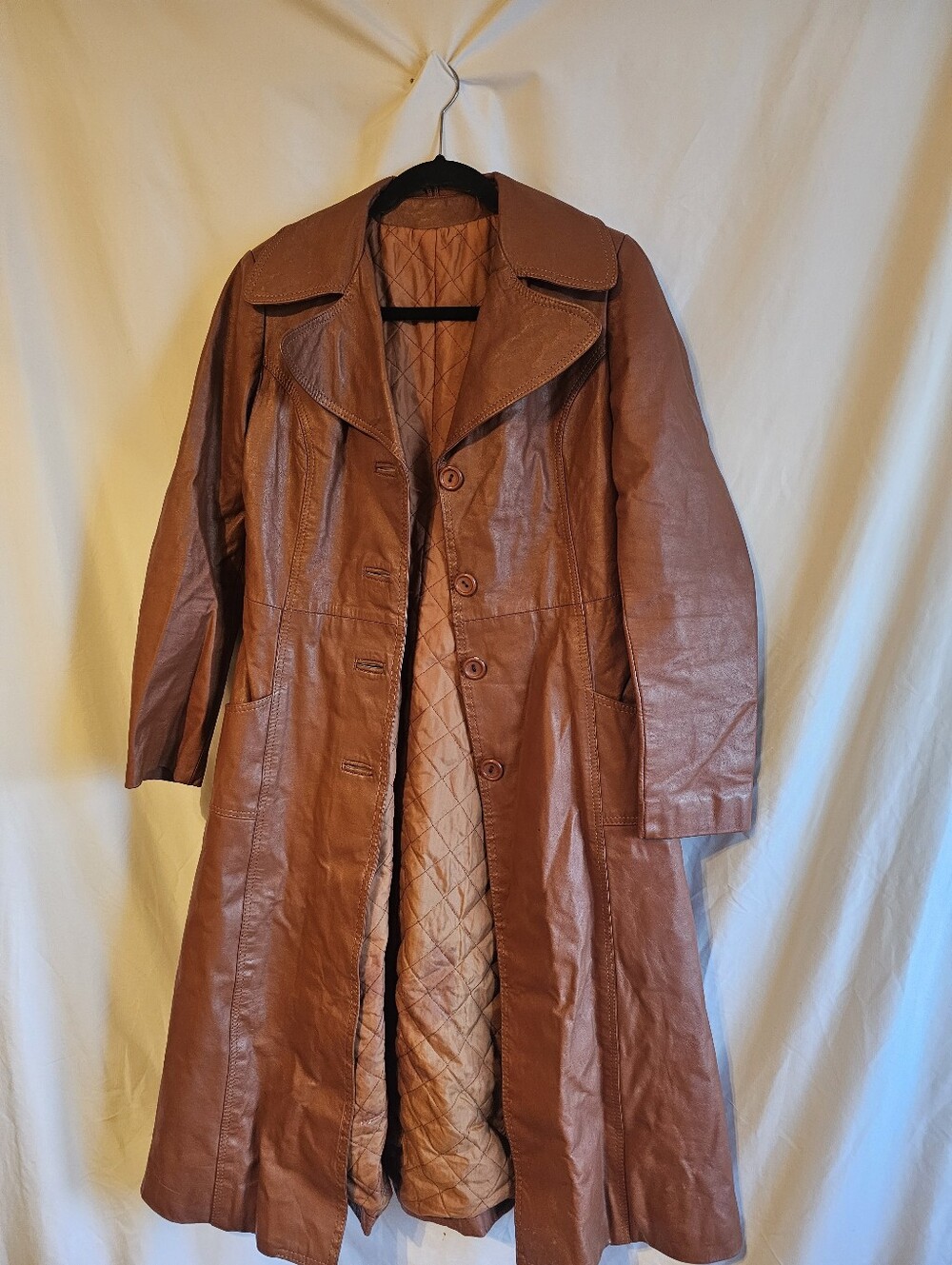 Womens  Brown Leather Long Coat - Classic Button Front XL Vintage
